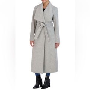 Cole Haan Wool Blend Tie Waist Long coat in Light Grey